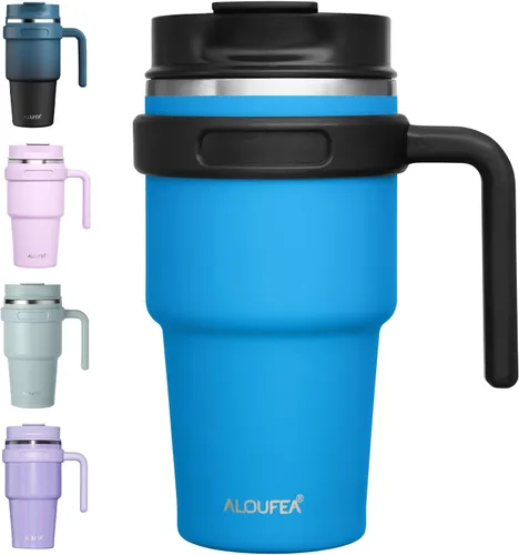 Vista 24 de Taza de café aislada de 20 onzas con asa, vaso de viaje de acero inoxidable con tapa y popote, taza térmica de doble pared al vacío a prueba de Negro