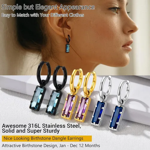 Vista 5 de Preciosos aretes colgantes de circonita cúbica para mujer, de enero a diciembre, aretes de acero inoxidable plateados, dorados, negros