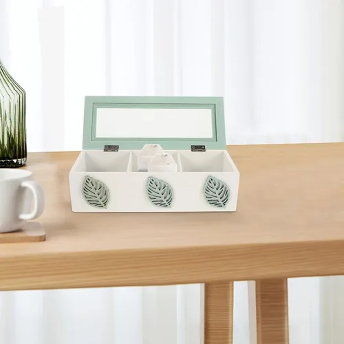 Vista 5 de Wood Tea Box with Lid, 3 Compartment Tea Bag Organizer Xmas