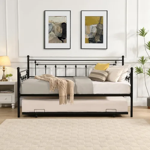 Vista 7 de Majnesvon Sofá cama de metal con nido, marco de cama de día de tamaño individual con nido extraíble, cama resistente para sala de estar, dormitorio