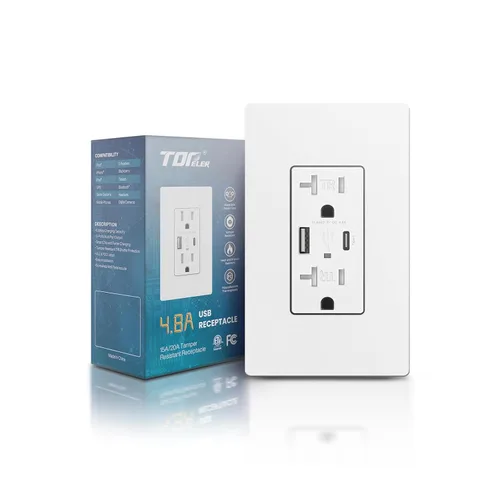 Vista 15 de TOPELER Toma de pared USB, receptáculo de cargador USB de 4.8 A con puertos tipo A y tipo C, enchufe dúplex de 15 amperios resistente a