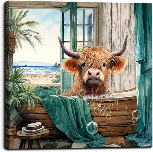 Vista 4 de LAIART Impresión en Lienzo para Baño Arte Decorativo de Pared Imagen de Bañera Verde Azulado Vista al Mar desde la Ventana Obra de Arte