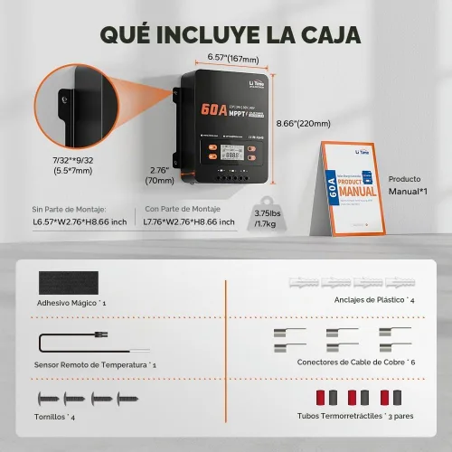 Vista 2 de LiTime 60A MPPT Controlador de Carga Solar (Sin Bluetooth Integrado), 12V/24V/36V/48V Auto, Entrada Máxima de PV 200VDC Pantalla LCD Regulador