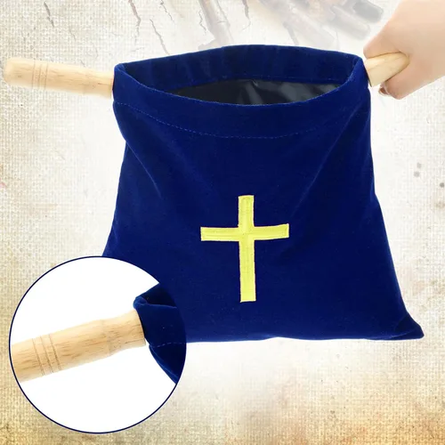 Vista 3 de Abbylike Bolsa de terciopelo para ofrendas de iglesia con asas de madera, bolsa de ofrenda religiosa de 10 pulgadas, bolsa de colección de iglesias