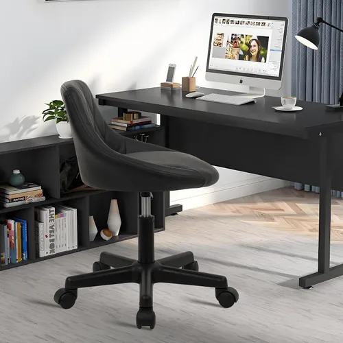 Vista 2 de KLASIKA Taburete con ruedas de respaldo bajo negro, taburetes de tocador de cuero PU, altura ajustable ergonómica giratoria giratoria silla