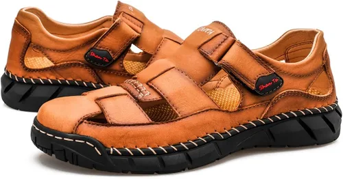 Vista 4 de Honeystore Sandalias huecas con puntera cerrada para hombre, talla grande, zapatos de cuero casuales
