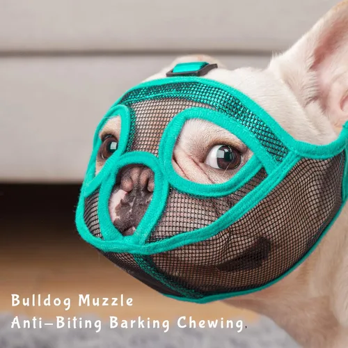Vista 2 de Bozal corto para perro, bozal de malla suave para bulldog francés para perros con lazo ajustable (S, verde)
