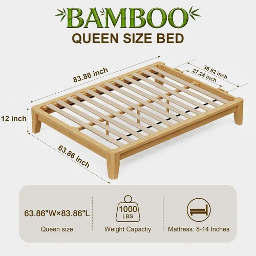 Vista 2 de Marco de cama de bambú macizo Queen, marco de cama de plataforma de carpintería japonesa (natural)