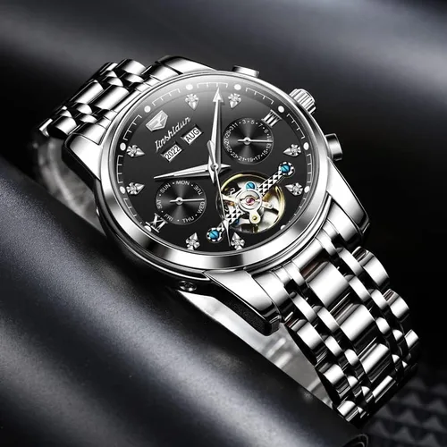 Vista 6 de JSDUN Relojes para hombre automáticos de esqueleto Tourbillon con diamantes de cuerda automática, reloj de pulsera de acero inoxidable, impermeable