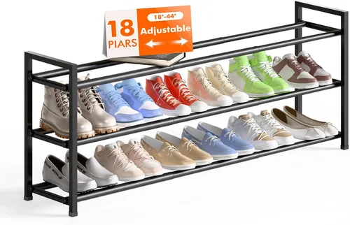 Vista 11 de Bumusty estante de zapatos de 2 niveles largo y expandible para clóset, estante de zapatos ajustable de 46-112 cm para entrada, estante organizador