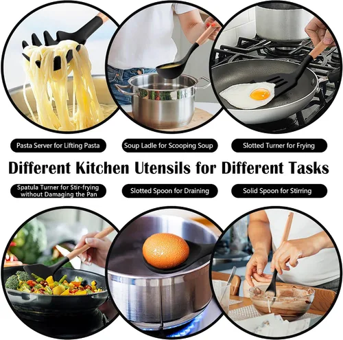 Vista 5 de Juego de utensilios de cocina HaWare, juego de espátulas de silicona de 23 piezas con soporte, utensilio de cocina con mango de madera resistente al