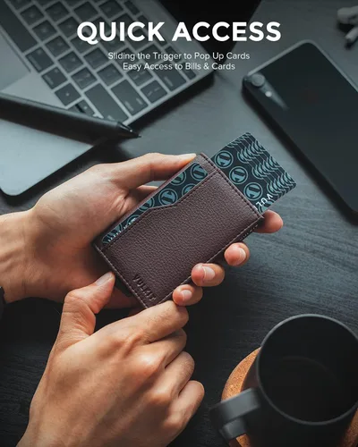 Vista 2 de VULKIT Tarjetero con ventana de identificación tarjetas emergentes cartera delgada de cuero con protección RFID hasta 12 tarjetas Marrón oscuro