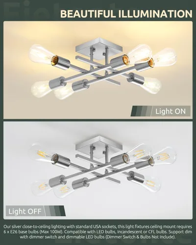 Vista 4 de Lámpara de techo semiempotrada de 6 luces, níquel cepillado industrial cerca del techo, moderna base E26 Sputnik lámpara de techo para cocina