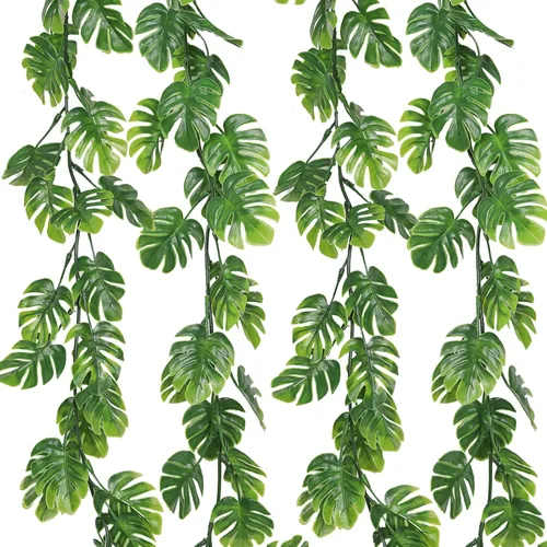 Vista 18 de RECUTMS 20LED Luces de Cadena de Hojas de Monstera, Hojas Artificiales de Palmera de Ratán Tropical, Enredadera Verde Colgante para Pared