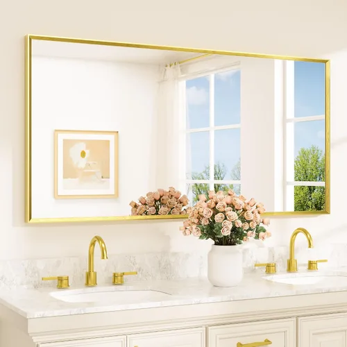 Vista 76 de TETOTE Espejo de baño dorado cepillado de 20" x 30", espejo de tocador de baño rectangular de latón dorado cepillado con marco biselado para sobre