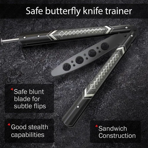 Vista 5 de GOOD WORKER Entrenador de Mariposa - Práctica Balisong Cuchillos de Mariposa NO Reales NO Hoja Afilada - Diseño Genial - Mariposa Negra Sin Brillo