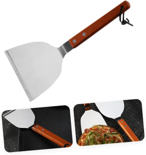 Vista 4 de Mango de madera Filete de cocina Espátula de acero inoxidable Turner Grill Herramienta de corte