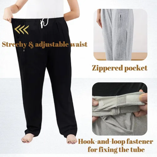 Vista 5 de Pantalones de catéter para hombres y mujeres, pantalones con soporte para bolsas de orina y piernas con bolsillos dobles con cremallera para dos