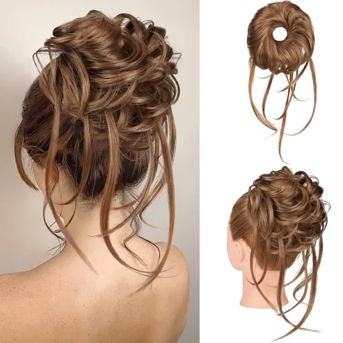 Vista 20 de HOOJIH Pieza de pelo desordenado de moño – Extensiones superlargas despeinadas, cola de caballo ondulada con banda elástica para mujeres y niñas