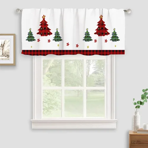 Vista 2 de Cortinas de cenefa de Navidad para ventanas, diseño de árbol de Navidad, color blanco y rojo, elegantes cenefas de cocina para ventanas con 11