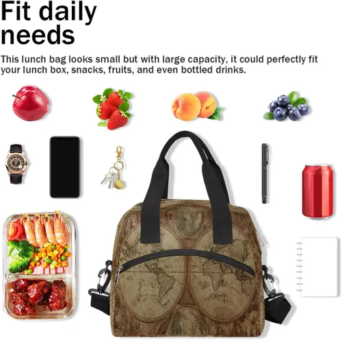Vista 7 de Bolsa de almuerzo con diseño de globo y mapa del mundo, organizador aislante, impermeable, para hombres y mujeres, bolso de mano, correa ajustable
