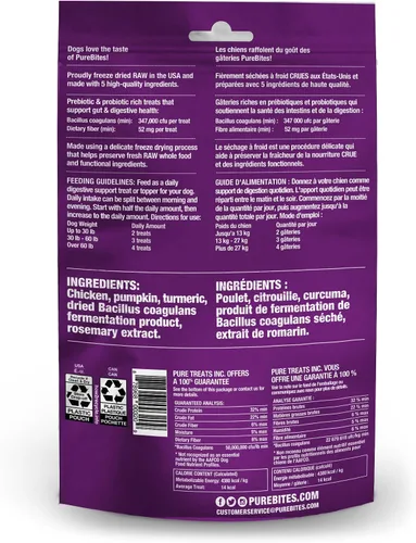 Vista 2 de PureBites + Golosinas liofilizadas para perros intestinales y digestiones, 5 ingredientes, fabricadas en EE. UU., 3 oz