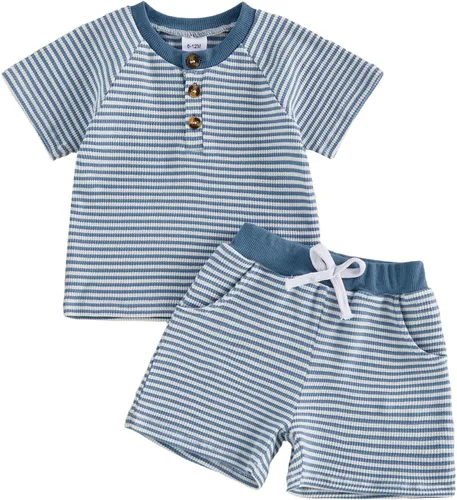 Vista 14 de MERSARIPHY Ropa para bebé niño de 6, 12, 18 meses, 2T 3T, traje de verano, punto gofre, a rayas, informal, camiseta y pantalones cortos
