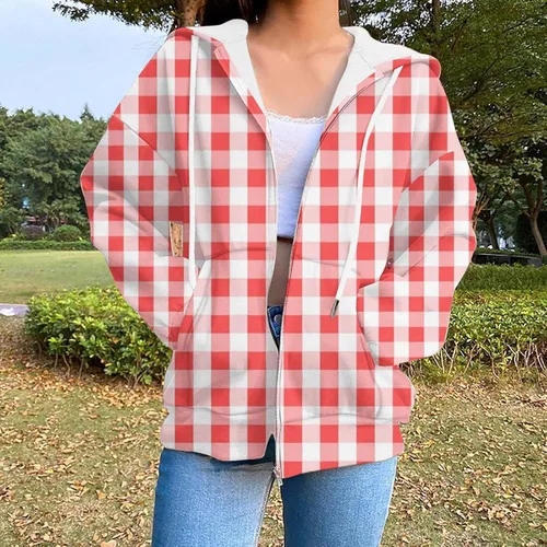 Vista 2 de oelaio Womens Full Zip Up T-shirt,Trendy PlaidStriped Print Hoodie Sweatshirt Jackets Oversized Drawstring Coat,Pockets