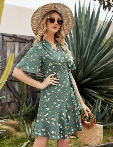 Vista 5 de Vestido casual de manga corta con cuello en V para mujer, con lazo en la cintura, vestido corto floral para boda