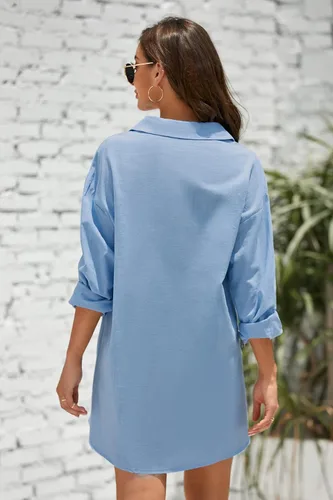 Vista 4 de Camisas tipo túnica de algodón y lino para mujer con botones manga larga cuello y cuello