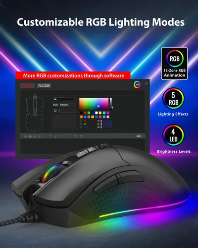 Vista 4 de Gigastone Mouse para juegos con 16000 DPI ajustable, retroiluminación RGB, sensor óptico, 10 botones programables, mouse RGB para juegos con memoria