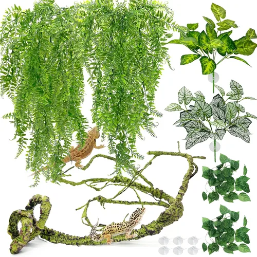 Vista 9 de Hamiledyi Plantas Artificiales para Reptiles, Vid Trepadora Flexible de Selva para Terrario, Rama de Ramas de Plástico Flexibles con Hojas Colgantes
