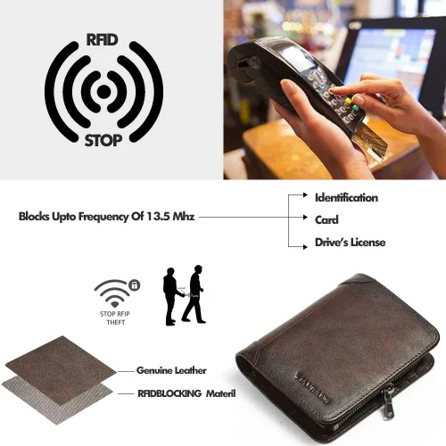 Vista 30 de Billetera para hombre con cremallera de cuero genuino RFID tarjeteros de piel de vaca con cremallera bolsillo para monedas, carteras plegables