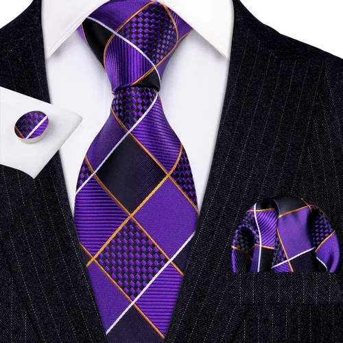 Vista 95 de Barry.Wang Juego de corbatas a cuadros para hombre con pañuelo gemelos de rayas clásicas