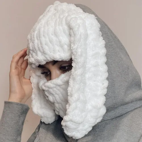 Vista 5 de Pasamontañas de ganchillo de punto para mujer, gorro de invierno con orejas de conejo, lindo suéter con bufanda y gorro de calavera cálida