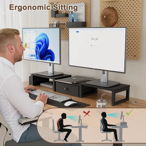 Vista 6 de LAND·VOI Soporte Dual para Monitor con Cajón y Bolsillos Laterales, Elevador de Monitor para Escritorio, Almacenamiento para Escritorio de Oficina