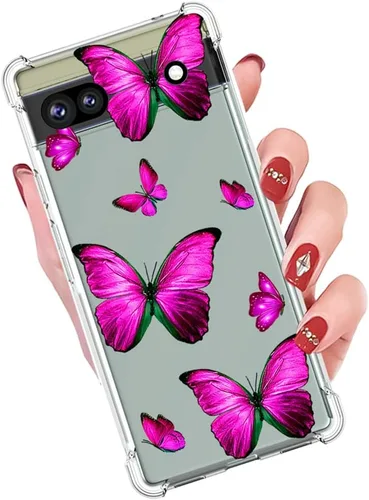 Vista 5 de Funda para Pixel 6A, GX7AS Linda, Transparente Flexible Bumper TPU Suave Goma Silicona Funda Teléfono Funda para Google Pixel 6A Rosa Mariposa
