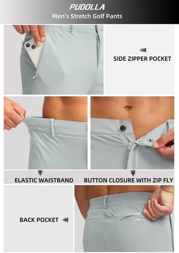 Vista 4 de Pudolla Pantalones deportivos de golf para hombre con bolsillos con cremallera, elásticos, ajustados, ligeros, casuales, para hombre