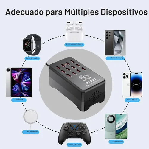 Vista 3 de Estación de carga USB de 50 W y 12 puertos para múltiples dispositivos, concentrador de carga USB portátil compatible con iPhone, Android, tableta