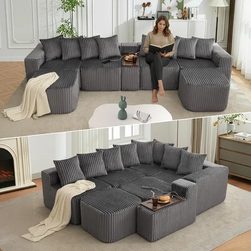 Vista 11 de Sofá seccional de 137.5 pulgadas, sofás modulares sin hueso para sala de estar, cómodo sofá de pana de felpa de asiento profundo, moderno sofá