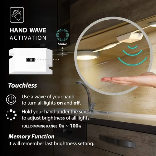 Vista 2 de EShine Luces de disco para debajo del gabinete con sensor de onda manual, luces LED circulares para gabinete, regulables, paquete de 3, blanco