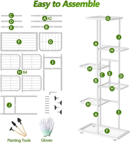 Vista 7 de Soporte para plantas de 6 niveles y 7 macetas para interiores con herramientas y guantes de jardinería, organizador de estantes de metal esquineros