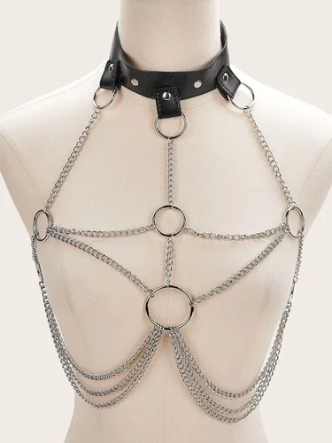 Vista 3 de Arnés de pecho con holograma rave, brasier, gargantilla, cinturones, disfraz de cuerpo con empanadas para festivales de música, juego de rol, ropa