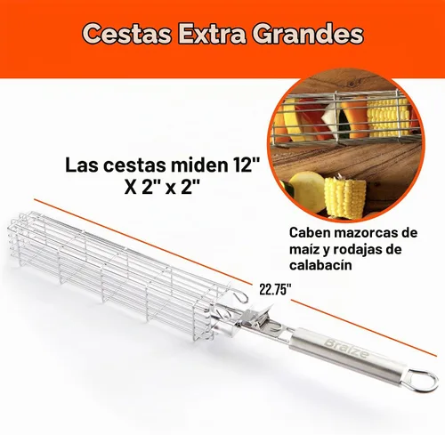Vista 5 de Cesta grande para asar con mango extraíble. Construcción de acero inoxidable con una mayor capacidad (12 x 2 x 2) y tapa segura de fácil cierre.