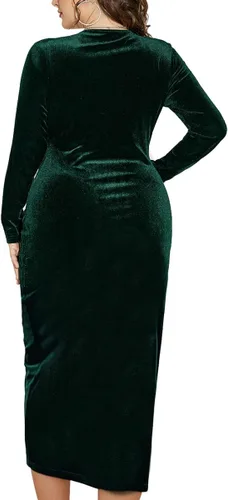Vista 4 de TINSTREE Vestido ajustado de terciopelo de manga larga para mujer, talla grande, sexy, fruncido, cuello en V profundo, vestido de cóctel para fiesta
