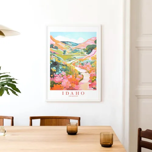 Vista 5 de ColorAndFlair Idaho Travel Print Gem State Souvenir ID Nature Pink Orange Teal Wall Art Mountains Landscape Retro Poster (8x10 inches)