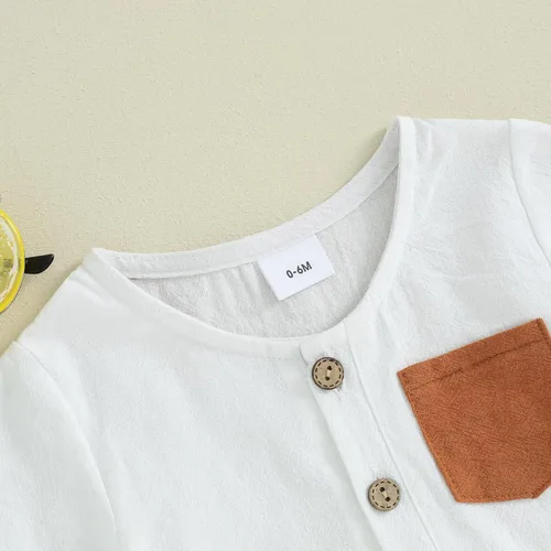 Vista 82 de Conjunto de ropa casual de manga corta con botones y pantalones cortos de lino para bebés y niños pequeños