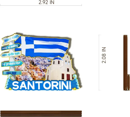 Vista 3 de Santorini Grecia - Imán de madera 3D para nevera, recuerdos coleccionables, decoración hecha a mano, artesanías, 4