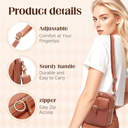 Vista 3 de Bolso cruzado de cuero para mujer, multiranura multifuncional de gran capacidad, bolsas de hombro ajustables