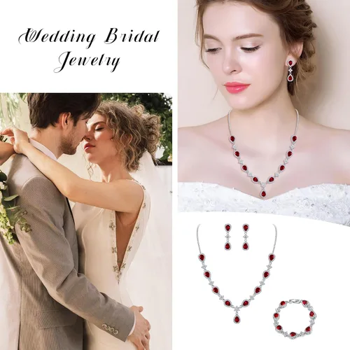 Vista 7 de EleQueen, juego nupcial de collar en V, pulsera tenis y aretes colgantes, con circonia cúbica, flor y lágrima, tono plateado, para mujer